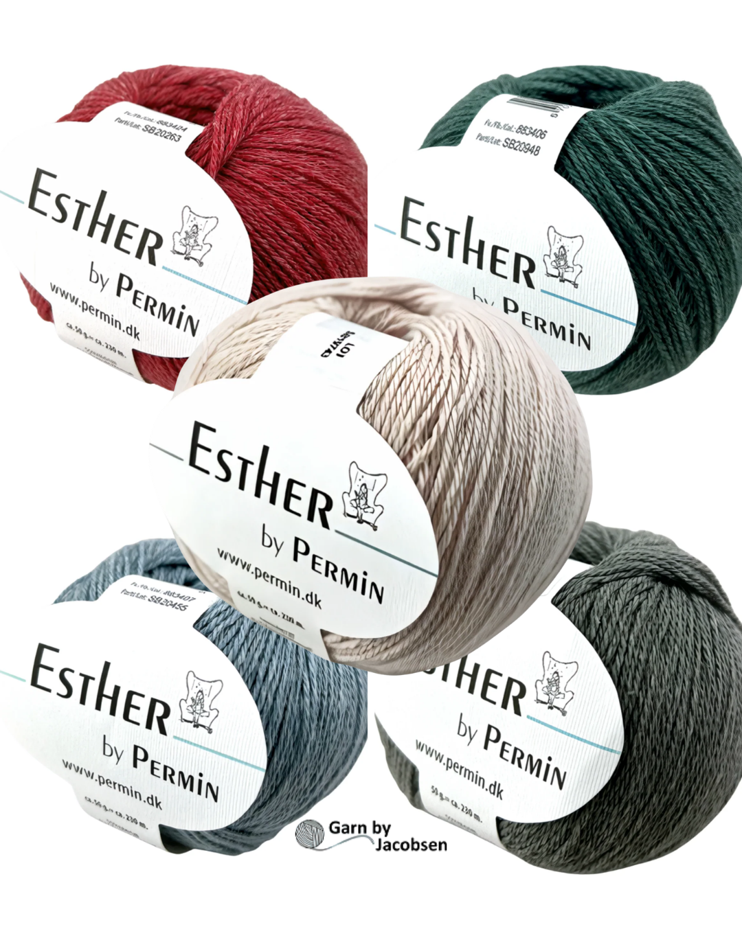 Esther by Permin i farverne 34 sand, 18, grå, 07 lyseblå, 06 flaskegrøn, 24 hindbær