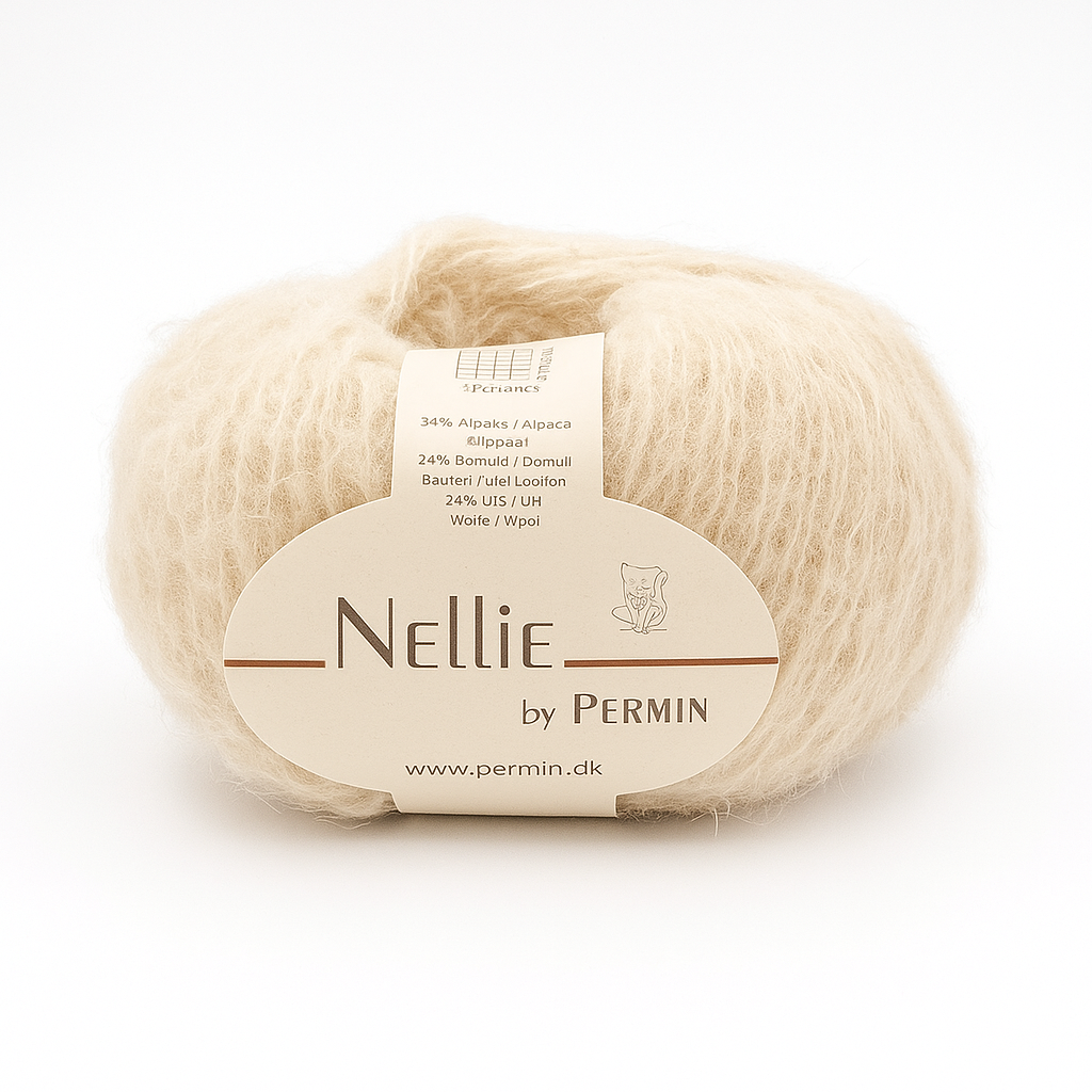 Nellie by Permin farve 02 råhvid/grøn/gylden i let og luftigt garn